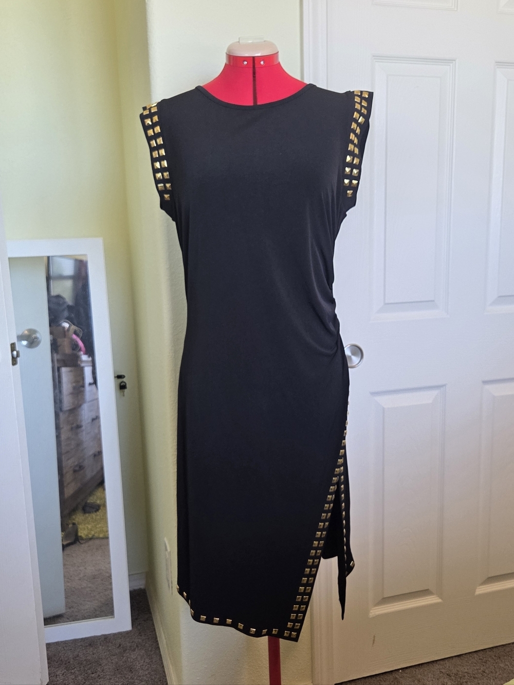 MICHAEL Michael Kors Black Midi Dress with Gold Stud Trim